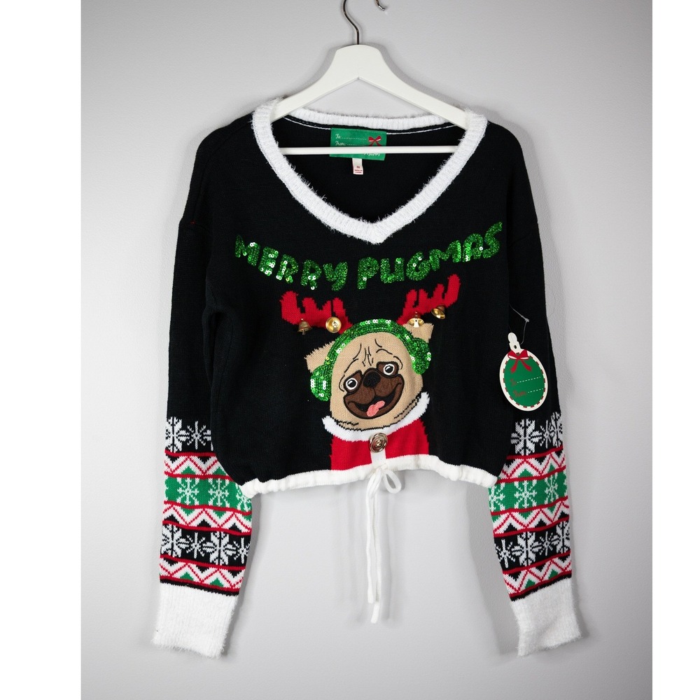 Planet Heart Sweater Women Medium Black NEW Merry Pugmas Sequin Crop Holiday